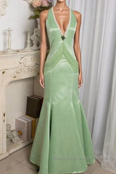 Vintage Light Green Mermaid Halter Satin Beaded Long Semi Formal Prom Dress